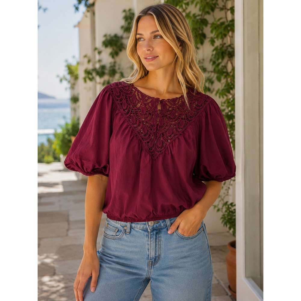 Calypso St Barth XL Luxury‎ Burgundy Red Lace Gauze Semi Sheer Women's Top Shirt